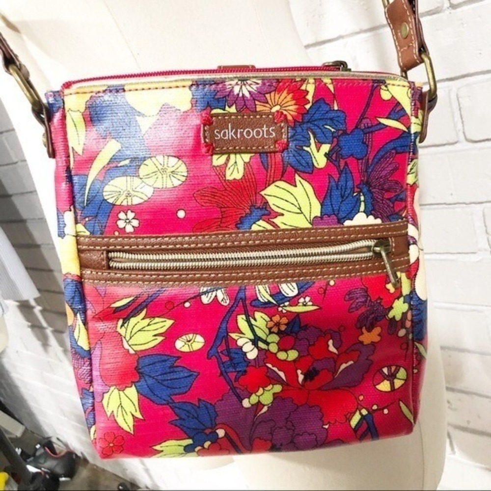Sakroots Artist Circle Floral Coated Canvas Crossbody Bag Pink Red Messenger